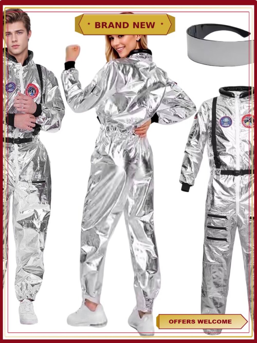 Adult Astronaut Costume Jumpsuit Halloween Silver Spaceman Cosplay Fancy Dress